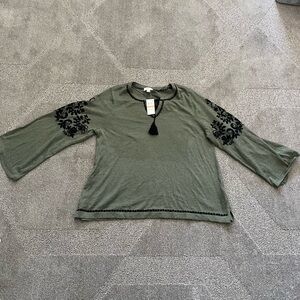 NWT Style & Co. “Boho Remix” Olive Green Sweater With Black Embroidery
